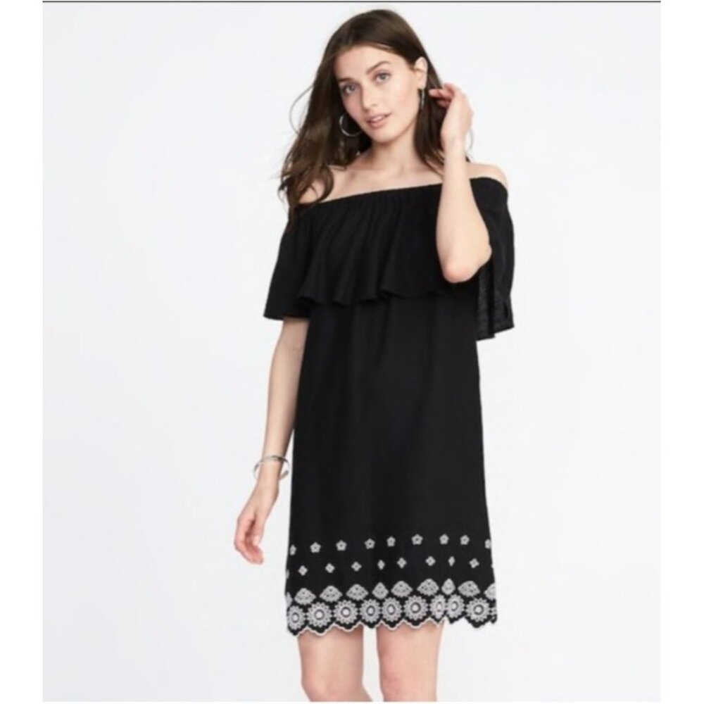 Old Navy Women's Off-Shoulder Black Dress White Embroidery Linen Blend Medium